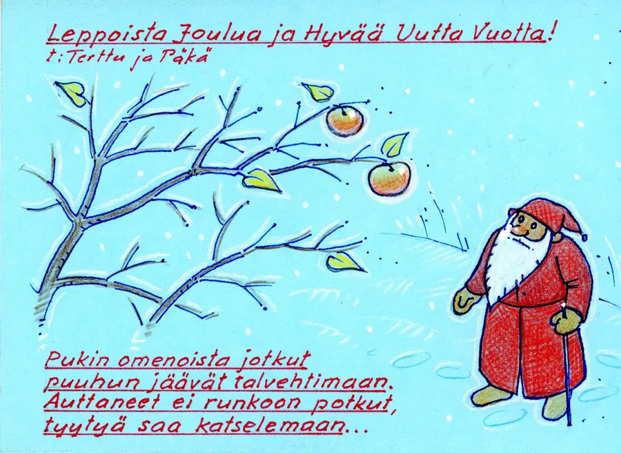 Joulukortti: Pukki ja omenapuu