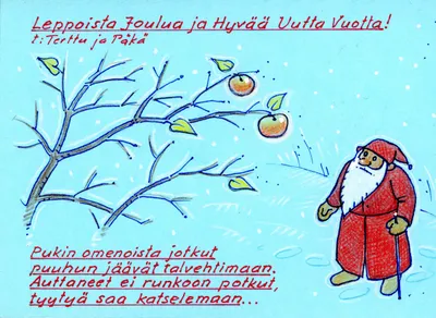 Joulukortti: Pukki ja omenapuu