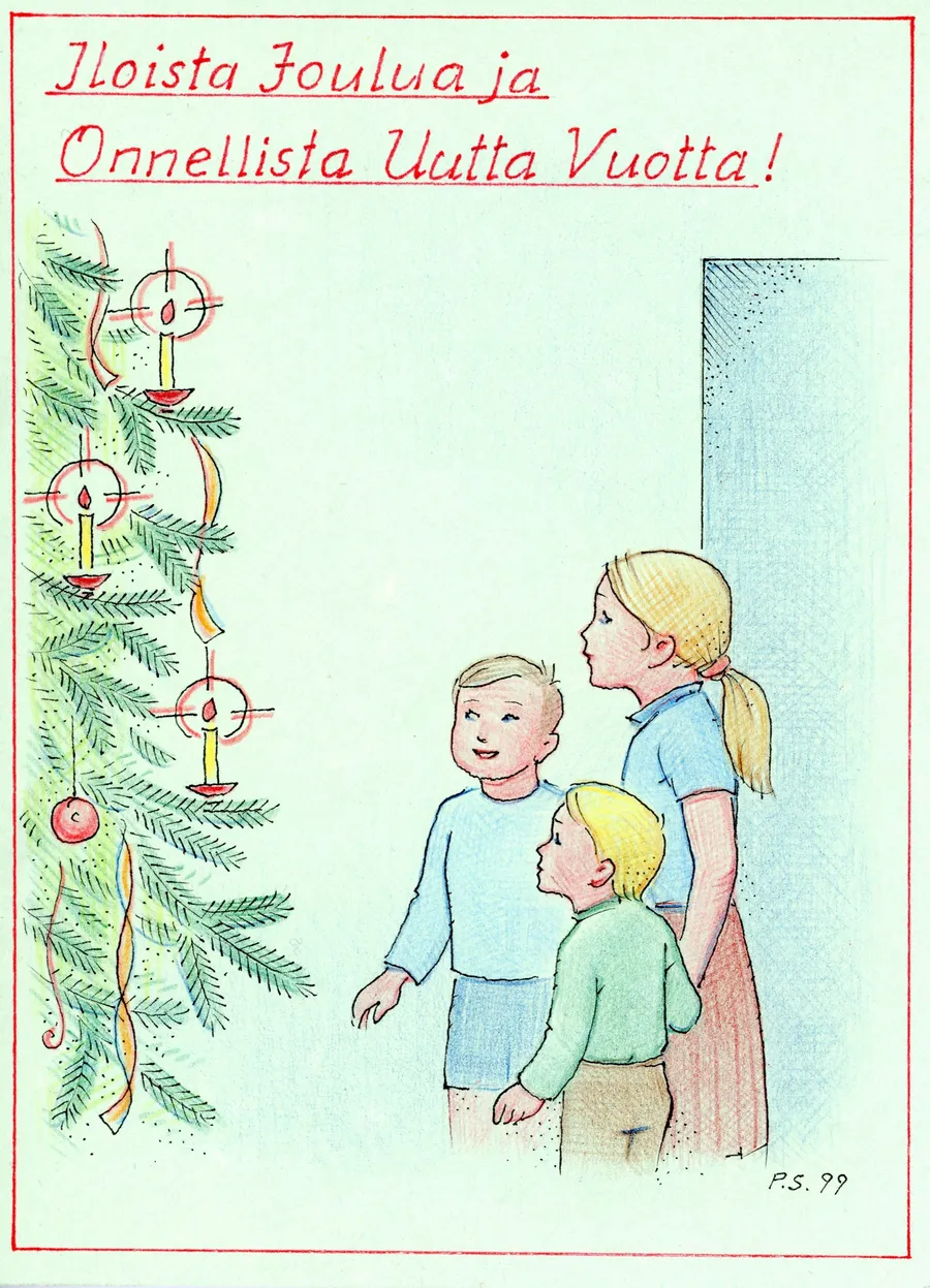Joulukortti: Lapset ja kuusi