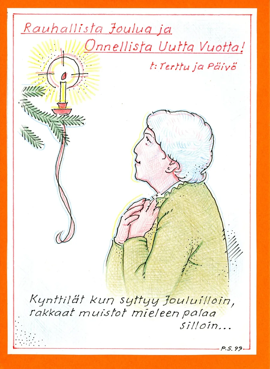 Joulukortti: Mummi ja kuusi