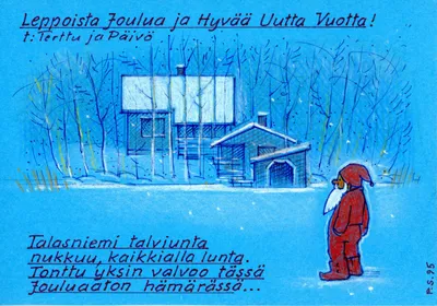 Joulukortti: Tonttu ja Talasniemi