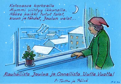 Joulukortti: Mummi ja ikkunamaisema
