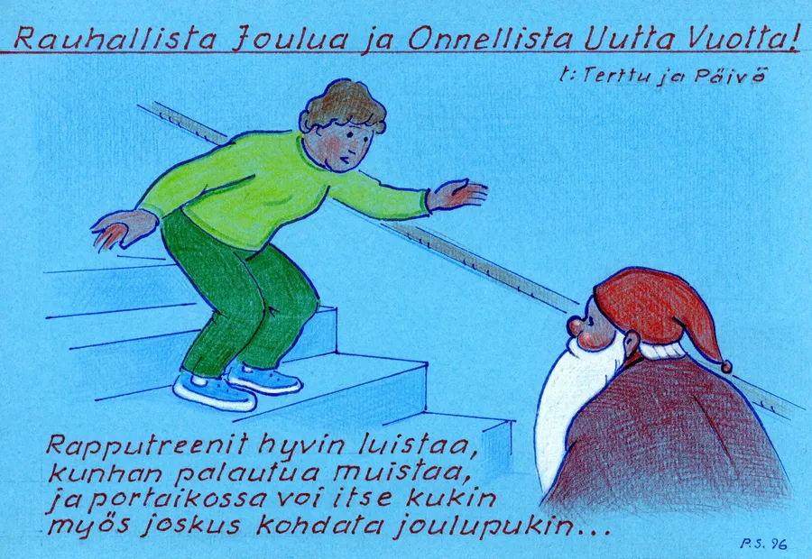 Joulukortti: Pukki ja porrastreenit