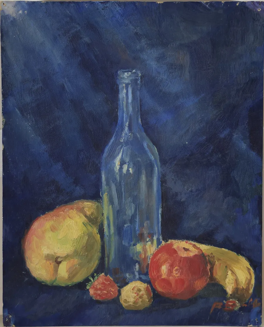 Still life: Bottle and fruit