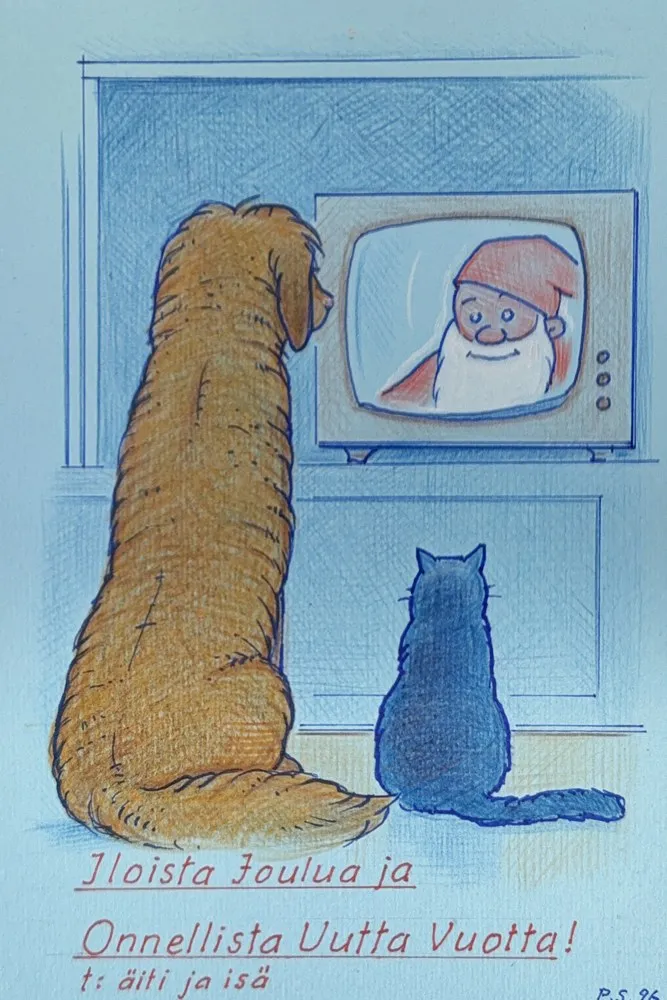 Christmas Card: Dog and Cat Watching TV